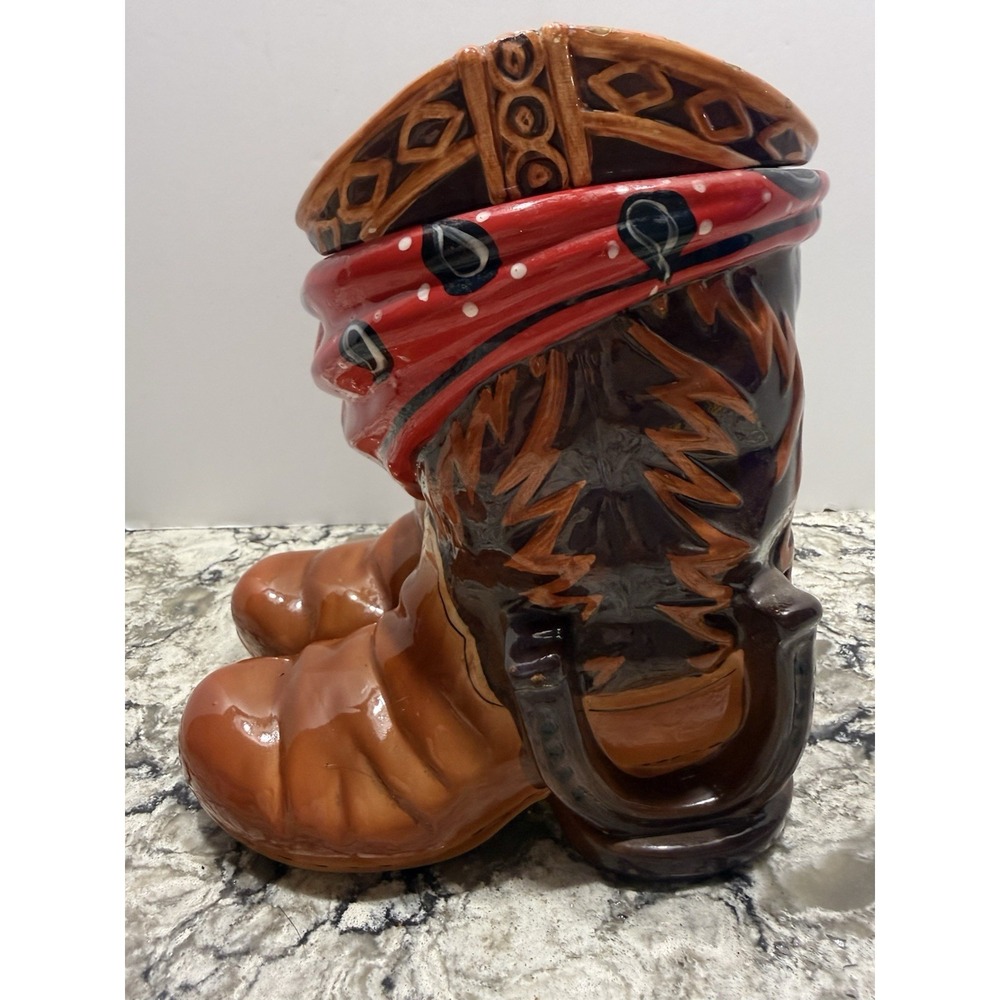 Cowboy Boots Ceramic Cookie Jar with Red Bandana Scarf & Lid Vintage